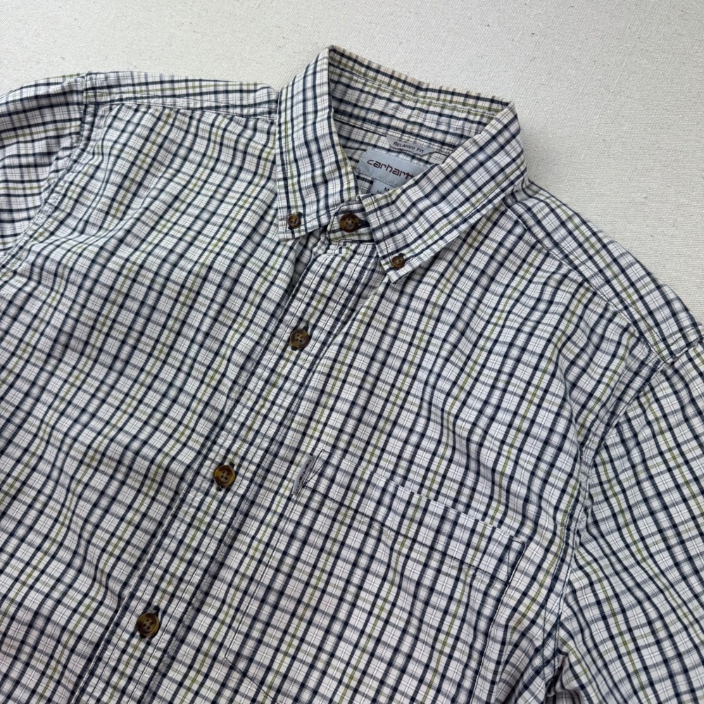 Carhartt Mens Relaxed Fit Plaid Short Sleeve Button Down Shirt Green White M